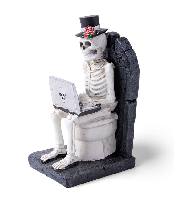 8" Halloween Skeleton on Toilet With Laptop by Place & Time