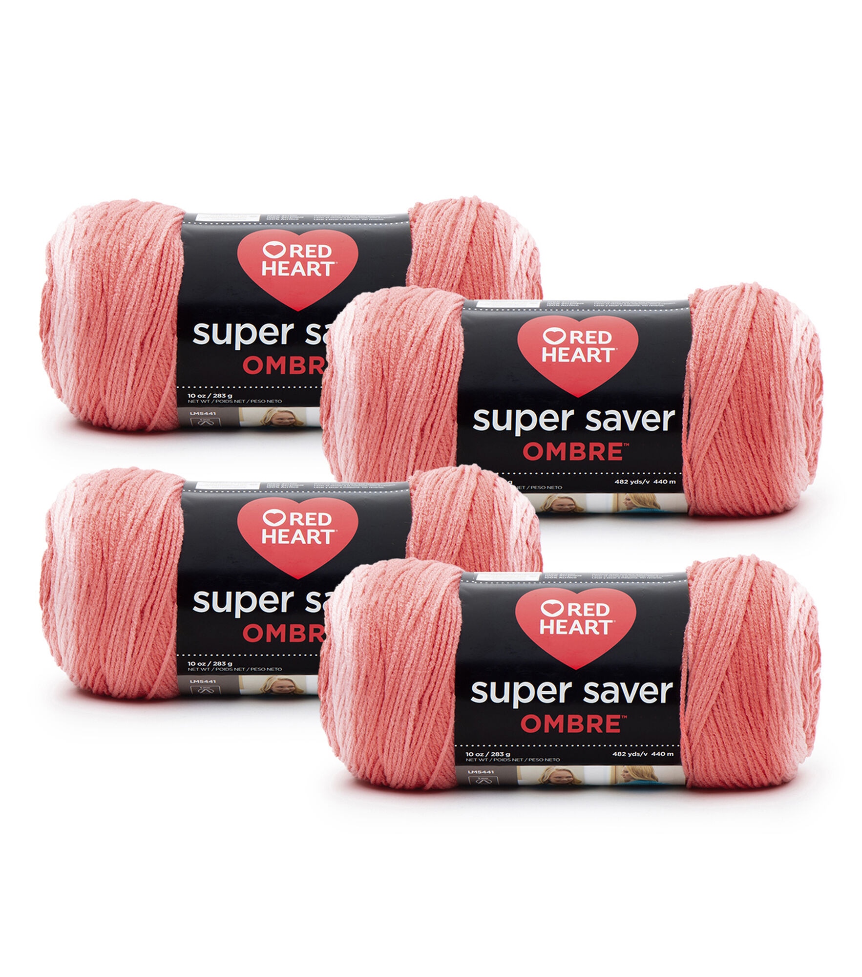 Red Heart Super Saver Ombre 482yds Worsted Acrylic Yarn 4 Bundle, Sea Coral, hi-res