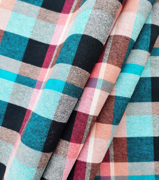 Blue & Brown Plaid Tan Flannel Backed Sherpa Fabric, , hi-res, image 3