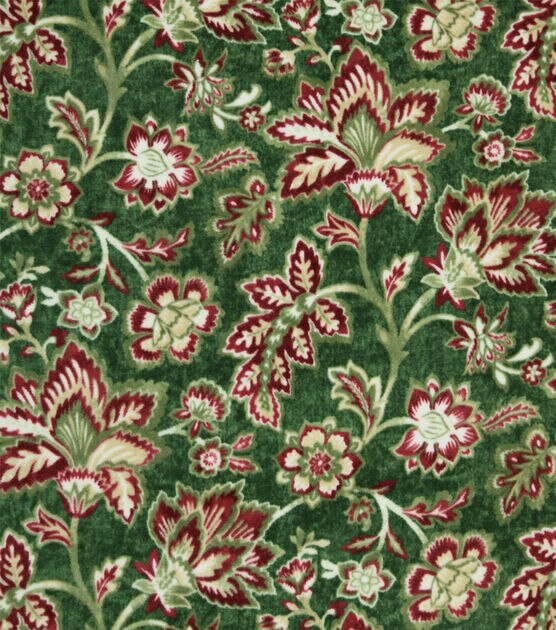 Red Floral Print on Green Luxe Fleece Fabric