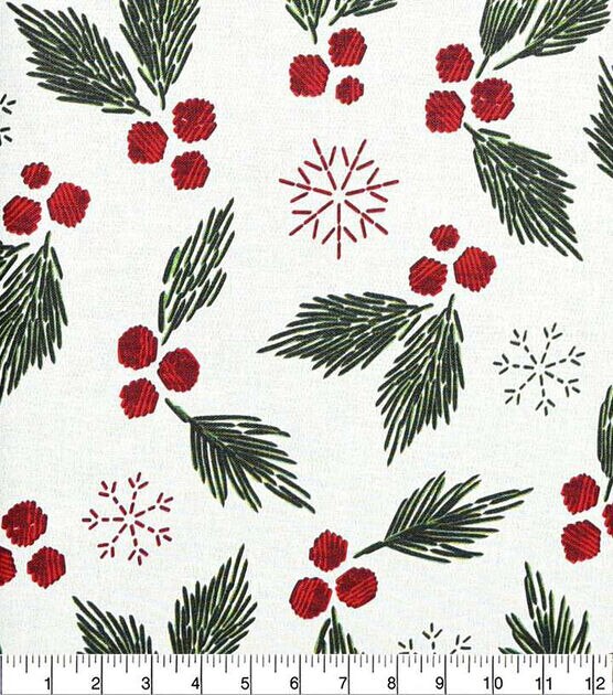 Holly Leaves & Berries on White Christmas Cotton Fabric