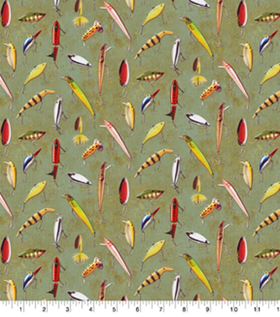 Good Buy Cotton Quilt Fabric Fishing Lures Flies Tan Multi - AUNTIE CHRIS QUILT  FABRIC. COM