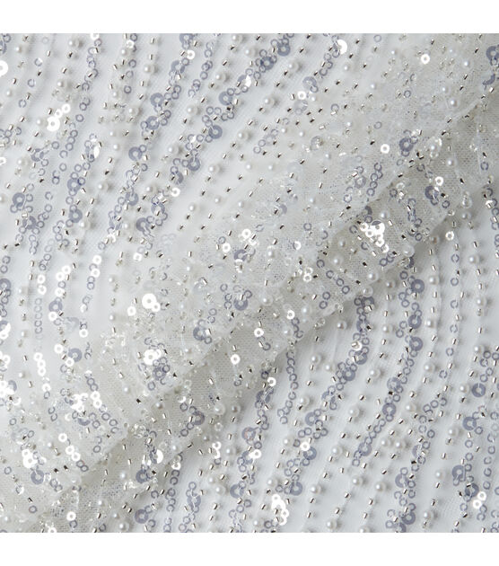 Badgley Mischka White Beaded Sequin Mesh Fabric, , hi-res, image 4