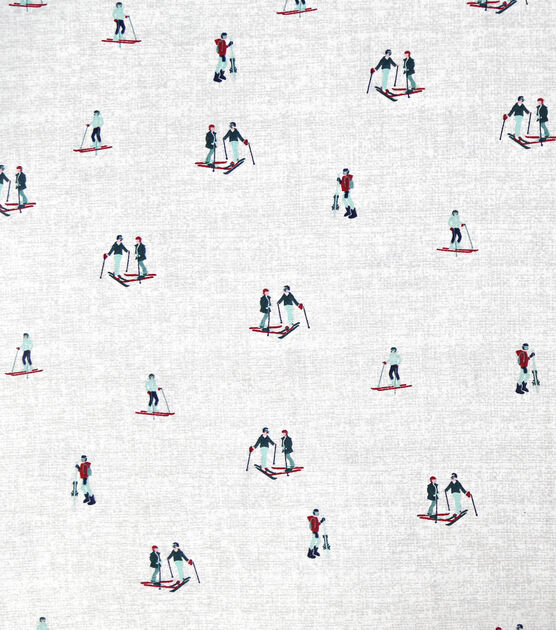 Skiers on White Novelty Cotton Fabric