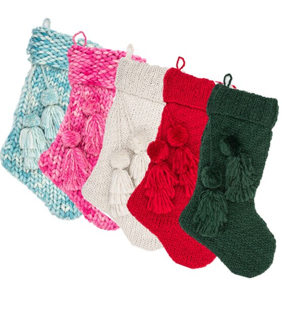 22" Christmas Knit Stockings With Pom Poms by Place & Time, , hi-res, image 1