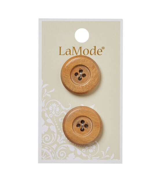 La Mode 7/8" Tan Wood Round 4 Hole Buttons 2pk