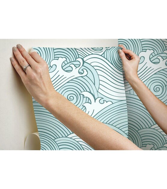 RoomMates 18" x 18' Teal Asian Waves Peel & Stick Wallpaper, , hi-res, image 8