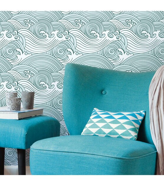 RoomMates 18" x 18' Teal Asian Waves Peel & Stick Wallpaper, , hi-res, image 3