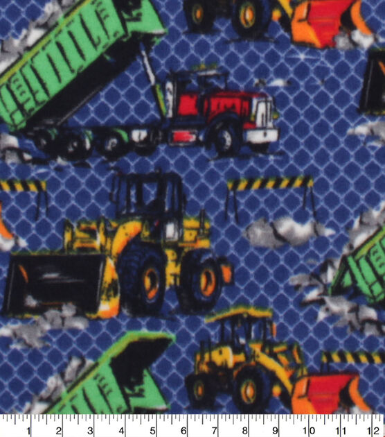 Construction Trucks on Blue Anti Pill Fleece Fabric