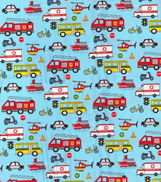 Transportation Vehicles on Blue Novelty Cotton Fabric