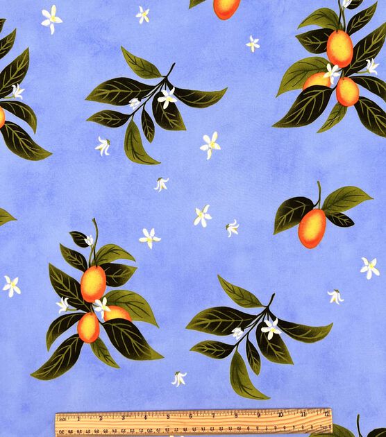 Kumquats on Blue Smocked Rayon Challis Fabric, , hi-res, image 4