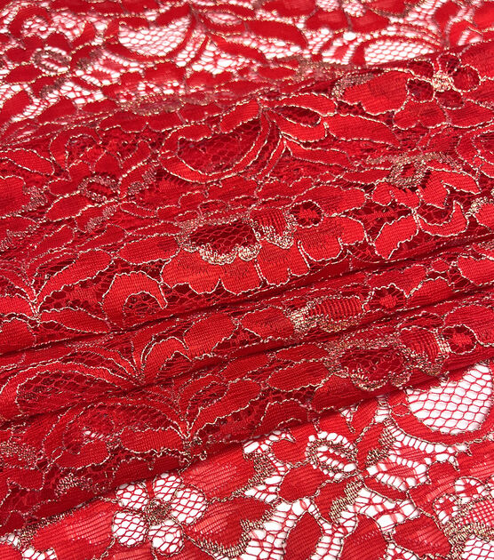 Metallic Red Corded Lace Fabric