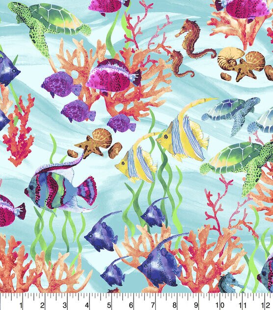 Novelty Cotton Fabric Ocean Fishes Aqua