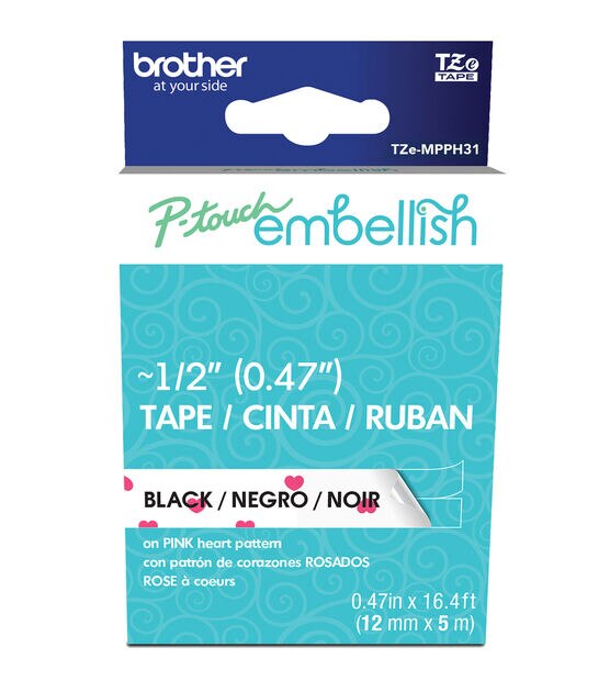 Brother P touch Embellish Patterned Tape Black Print on White with Heart