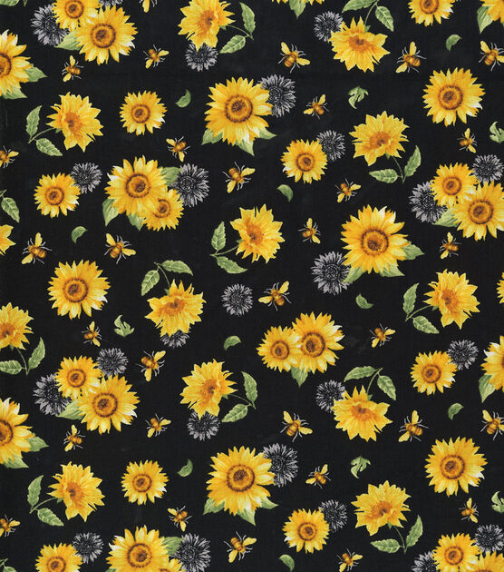 Sunflowers on Black, Fabric by the Yard, 100% Quilt Cotton 