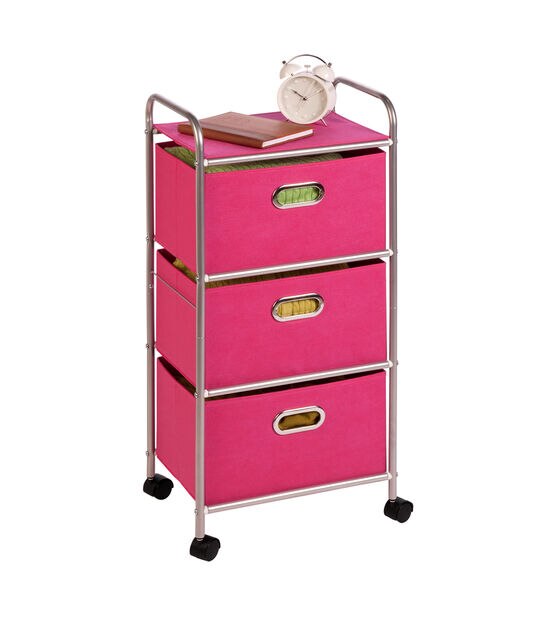 Honey Can Do 16" x 35.5" Pink 3 Drawer Rolling Fabric Cart