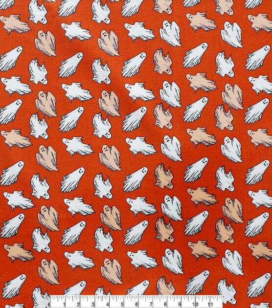 Glow in the Dark Halloween Mini Ghosts Orange Cotton Fabric, , hi-res, image 2