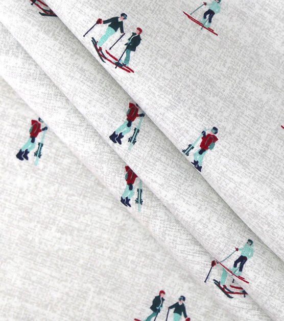 Skiers on White Novelty Cotton Fabric, , hi-res, image 2