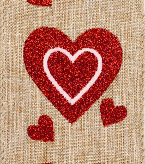 2.5 x 12' Valentine's Day Glitter Hearts Linen Ribbon - Valentine's Day Ribbons & Bows - Seasons & Occasions