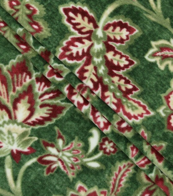 Red Floral Print on Green Luxe Fleece Fabric, , hi-res, image 2