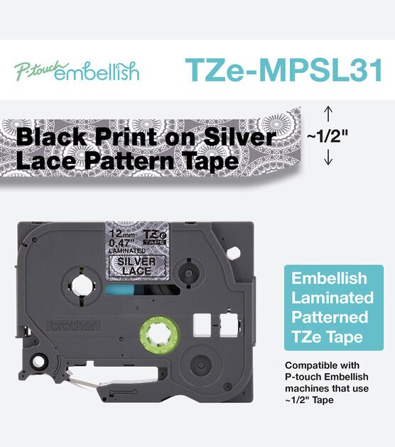 Brother P touch Embellish Patterned Tape Black Print on Silver Lace