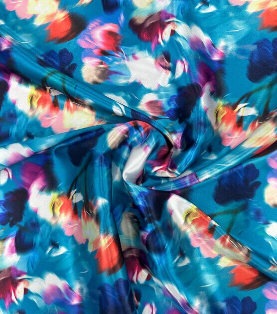 Blue Blurred Floral Silky Charmeuse Fabric, , hi-res, image 2