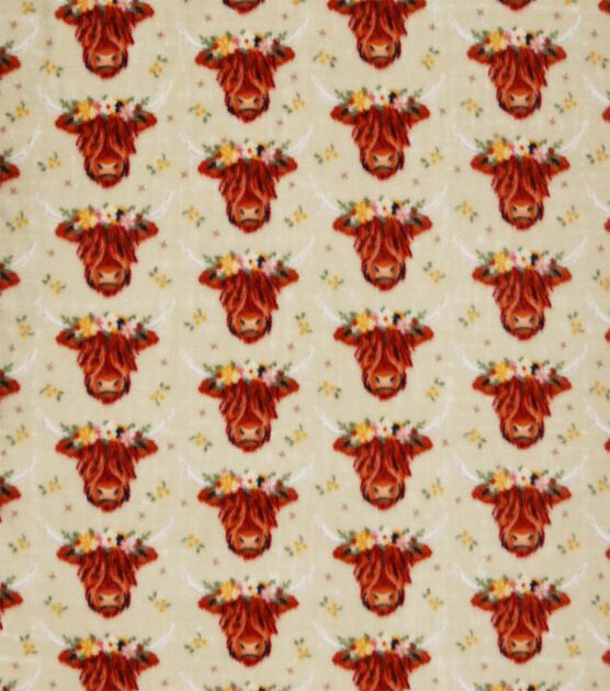 Floral Highland Cows on Cream Anti Pill Plush Fleece Fabric
