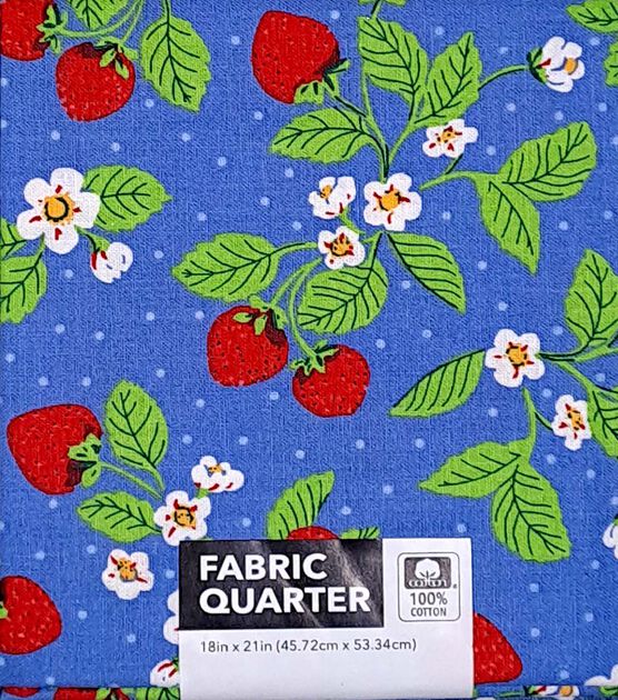 18" x 21" Strawberries on Blue Novelty Cotton Fabric Quarter 1pc