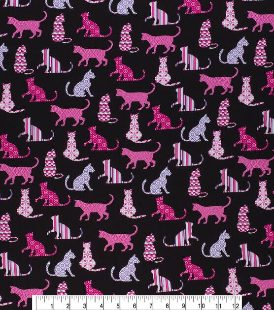 Novelty Cotton Fabric Patterned Pink Cats On Black Joann 