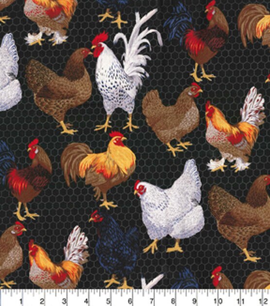 Fabric Traditions Farm Chickens On Black Novelty Cotton Fabric