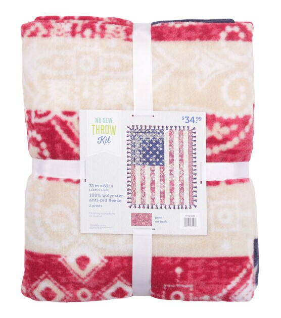 NO SEW Fleece Throw Blanket KIT American Flag Red White Blue 48