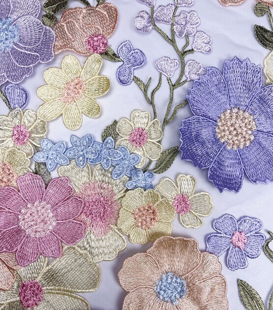 Purple Pastel Floral 3D Embellished Mesh Fabric