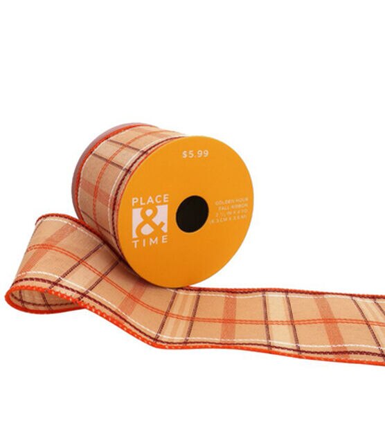 Checkered Ribbon with Woven Edge - Orange and White - 1 1/2 Inch