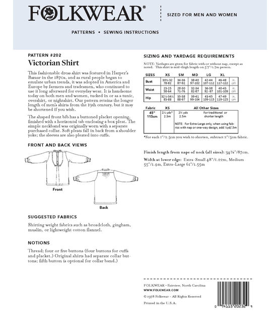 Folkwear 201 Size XS to 3XL Misses Prairie Dress Sewing Pattern