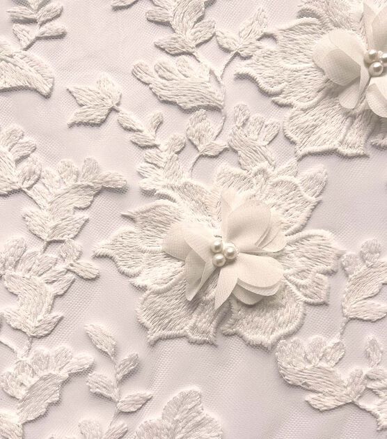 3D White Floral Embroidered With Pearls Mesh Fabric