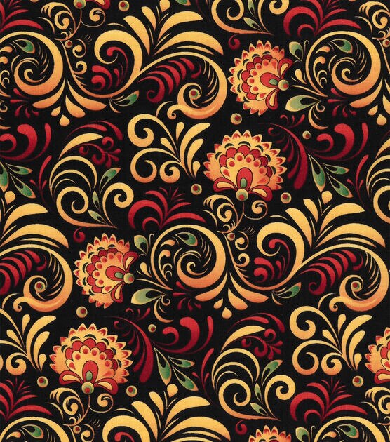 Floral Swirls on Black Premium Cotton Fabric