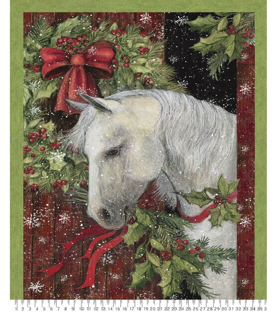 Horse & Holly Christmas Quilt Panel Cotton Fabric
