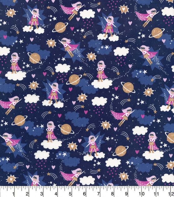 Girl Power on Blue Novelty Cotton Fabric, , hi-res, image 2