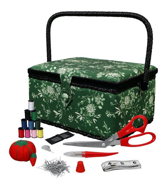 Singer Large Sewing Basket With Sewing Kit Vintage Spools Print