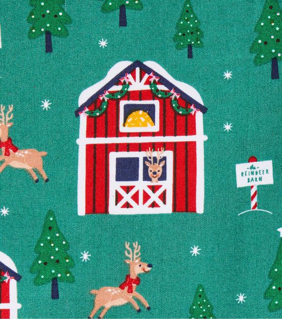 Reindeer Barn on Green Christmas Cotton Fabric by POP!