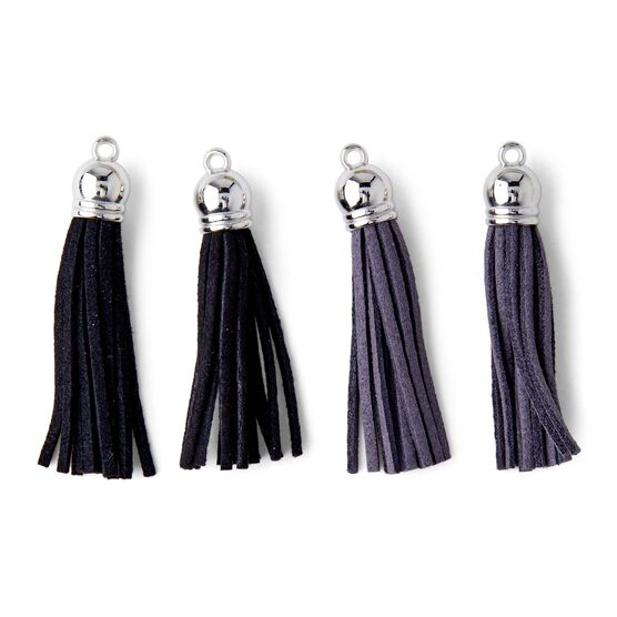 2" Black & Gray Silver Capped Suede Tassels 4ct by hildie & jo, , hi-res, image 2