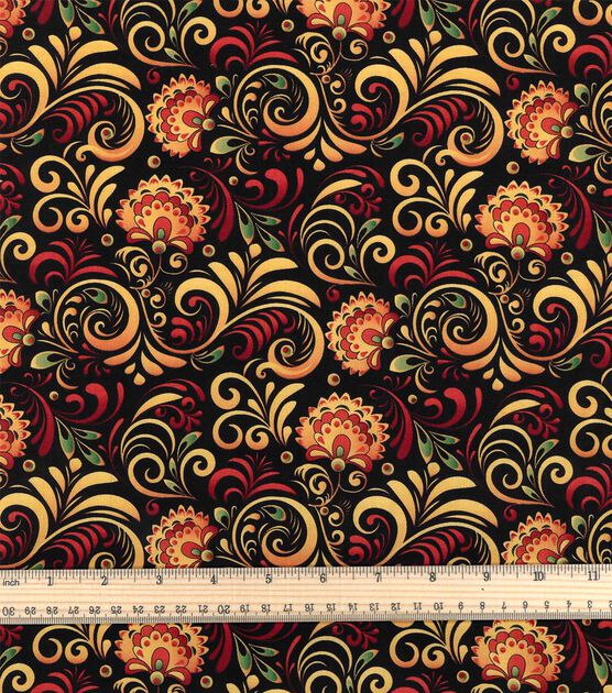 Floral Swirls on Black Premium Cotton Fabric, , hi-res, image 2