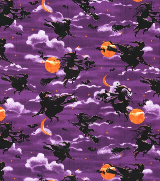 Fabric Traditions Nighttime Witches Purple Halloween Cotton Fabric, , hi-res, image 2