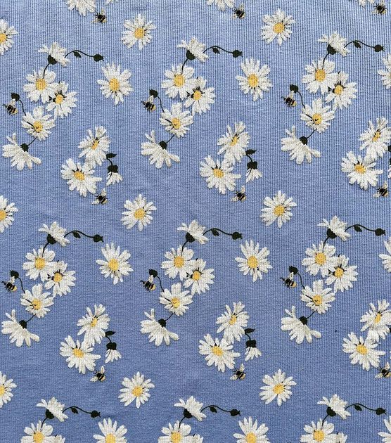 Bees on Blue Rib Knit Fabric