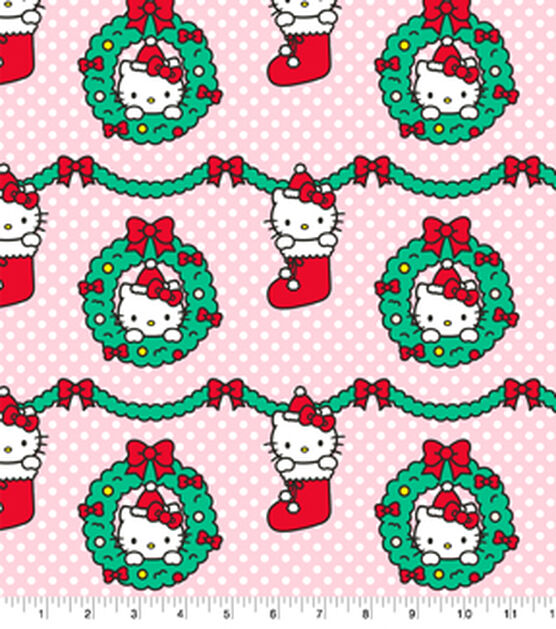 Hello Kitty Wreath & Dots on Pink Christmas Cotton Fabric