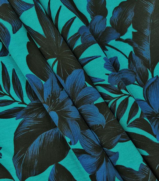 Blue Tonal Tropical Floral Spandex Knit Fabric, , hi-res, image 3