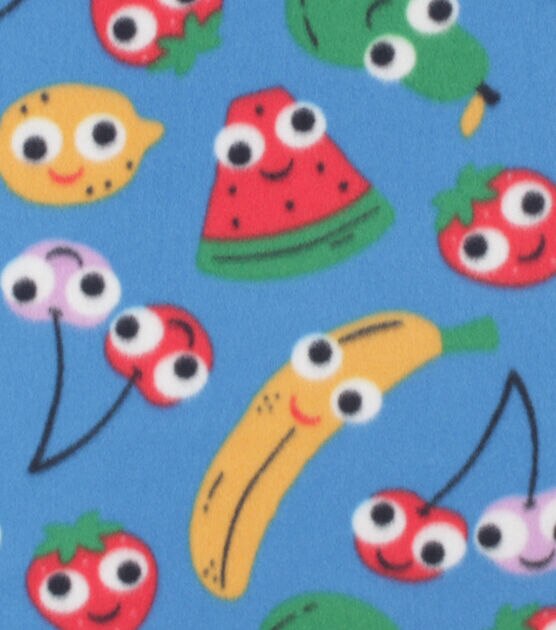 Googly Eye Fruit on Blue Blizzard Fleece Fabric