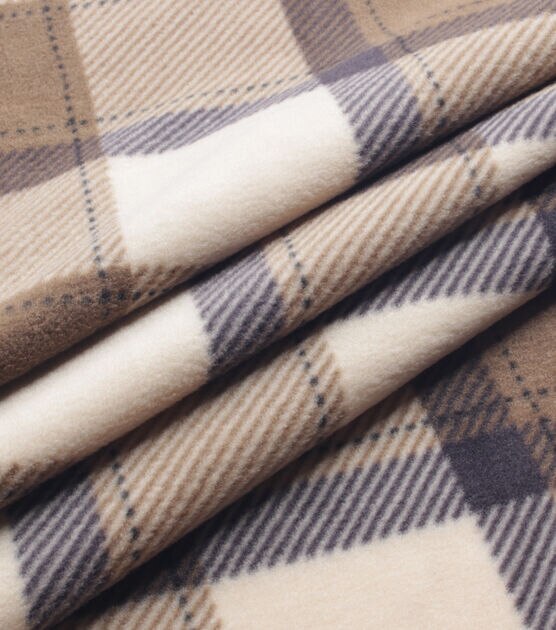 Cream & Brown Plaid Anti Pill Fleece Fabric, , hi-res, image 3