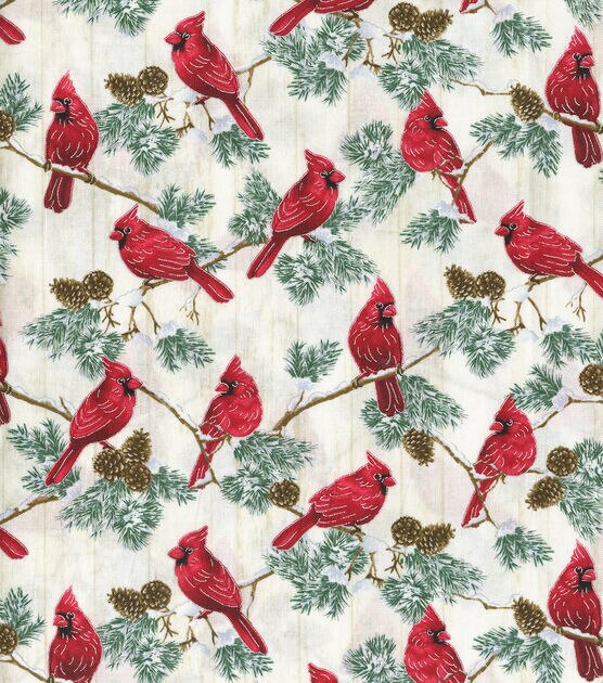 Hi Fashion Metallic Cardnials on Branches Christmas Cotton Fabric