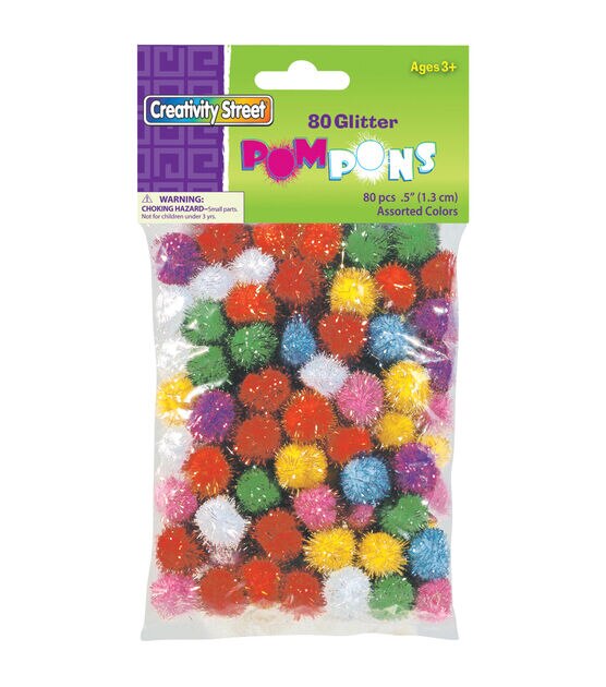 Glitter pom poms. Packs of assorted colour glittery pom poms, in various  sizes